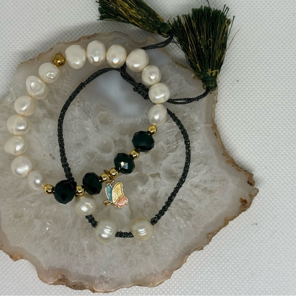 Green and Pearls Beaded Bracelet Pair with Butterfly Charm and tassel
